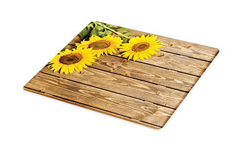 Lunarable Sunflower Cutting Board, Three Sunflowers on Wooden Background at Top Left Corner Picture Print, Decorative Tempered Glass Cutting and Serving Board, Large Size, Umber Earth Yellow