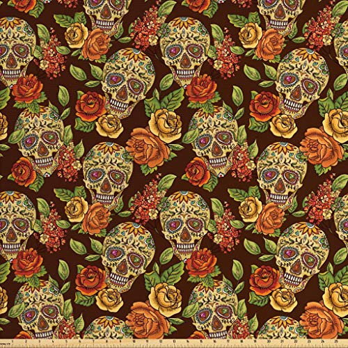 Ambesonne Sugar Skull Fabric by The Yard  Autumn Colored Flowers and Leaves Patterns in Smily Head Bones  Decorative Fabric for Upholstery and Home Accents  1 Yard  Orange Green
