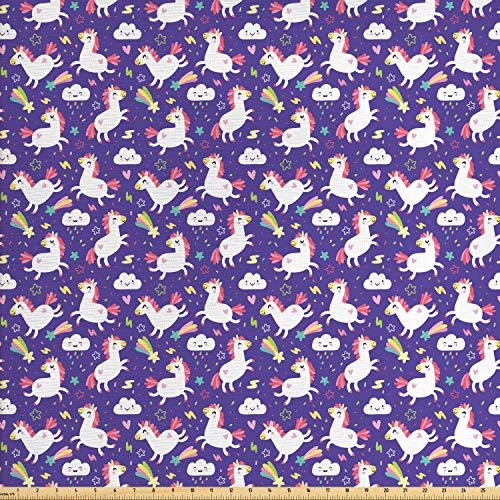 Ambesonne Unicorn Fabric by The Yard  Nursery Theme Kawaii Style Inspired Clouds Hearts Rainbows Pattern  Decorative Fabric for Upholstery and Home Accents  1 Yard  Indigo Purple