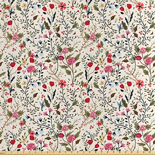 Lunarable Floral Fabric by The Yard  Colorful Oriental Pattern with Hummingbirds and Swirling Branches Rose Old Boho Form  Decorative Satin Fabric for Home Textiles and Crafts  1 Yards  Beige Red