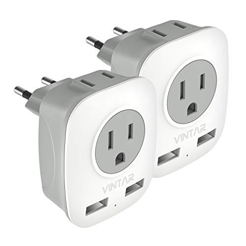 2 Pack  European Adapter  VINTAR International Power Adaptor with 2 USB Ports 2 American Outlets  4 in 1 European Plug Adapter for France  Germany  Greece  Italy  Israel  Spain  Type C