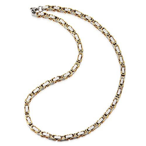 COOLSTEELANDBEYOND Mens Steel Greek Key Charm Interwoven Link Chain Necklace with Lobster Claw Clasp  Silver Gold  New