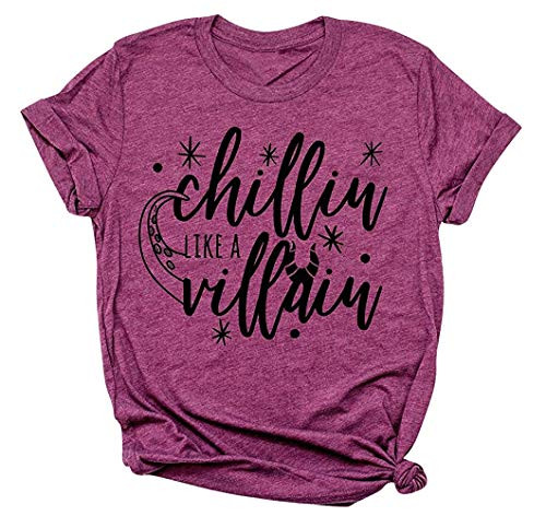 Chillin Like a Villain Shirt Women Maleficent Shirt Letters Print Short Sleeve Holiday Descendants Tee Tops XL  Purple