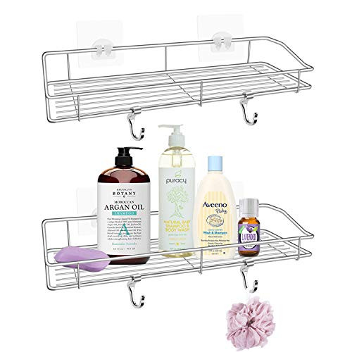 Belio Bathroom Shelf Organizer, Shower Caddy Basket, Kitchen Storage Shelf Wall Mounted with Hooks, Adhesive Spice Rack Organizer, No Drilling (2Pack)