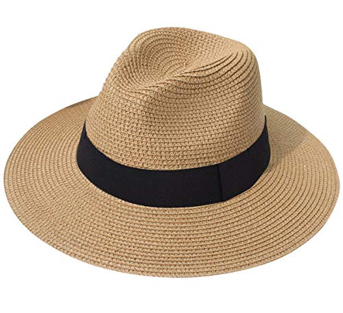 Lanzom Women Wide Brim Straw Panama Roll up Hat Fedora Beach Sun Hat UPF50   A Brown Lanzom Women Wide Brim Straw Panama Roll up Hat Fedora Beach Sun Hat UPF50   A Brown