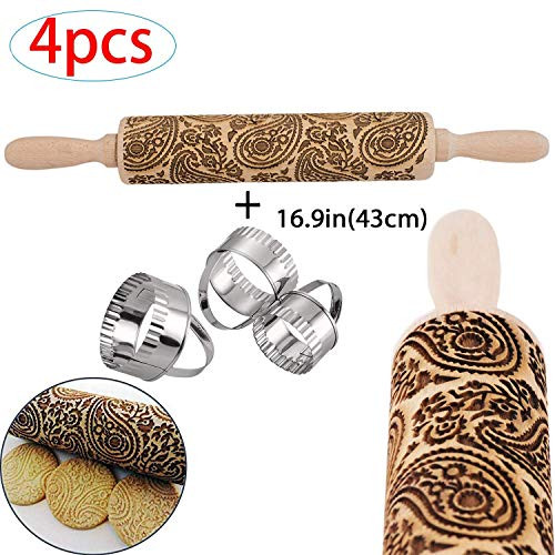 Gz party Wooden Rolling Pins with Paisley Flower 43cm  and 3Pcs Cookie Cutters?Christmas Engraved Embossing Rolling Pin with Paisley Flower for Baking Embossed Cookies?Paisley