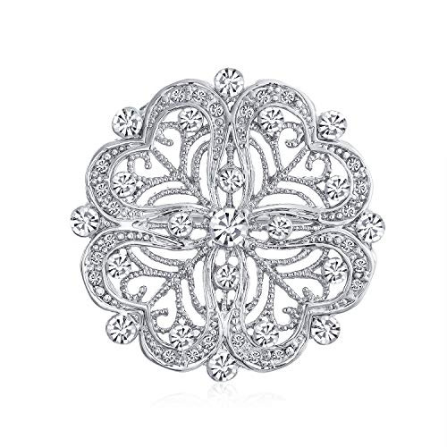 Bling Jewelry Vintage Antique Style Floral Heart Filigree CZ Brooch Pin for Women Silver Plated Brass