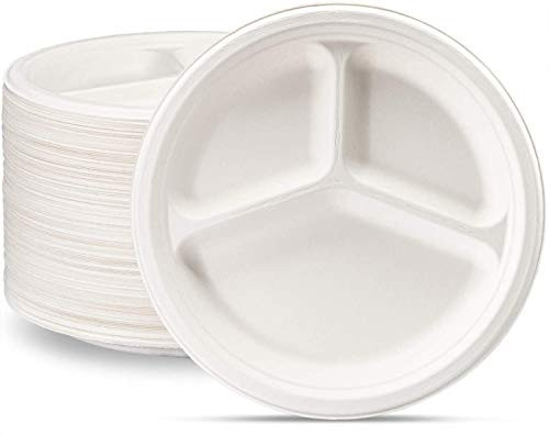 100 Compostable 9 Inch Heavy Duty Plates  125 Pack  3 Compartment Eco Friendly Disposable Sugarcane Paper Plates