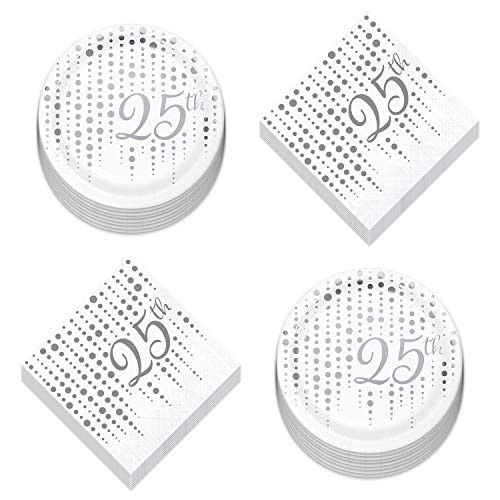 25th Party Supplies for Milestone Birthdays and Anniversaries   Silver Metallic Sparkle and Shine Paper Dessert Plates and Beverage Napkins  Serves 16