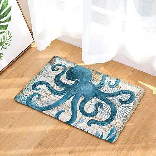 EZON CH Modern Non Slip Watercolor Sea World Animal Home Bathroom Bath Shower Bedroom Mat Toilet Floor Door Mat Rug Carpet Pad Doormat 15 7X23 6IN  Octopus