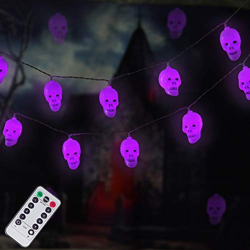LUMINATERY Halloween Skull Lantern String Lights  30LED 8 Lighting Modes  Remote Control  Memory Function  Battery Powered  Perfect for Indoor Outdoor Halloween Decoration  Purple 1