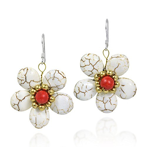 Cute Reconstructed White Howlite Flower  925 Sterling Silver Dangle Earrings