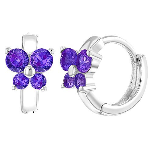 925 Sterling Silver Butterfly Purple CZ Small Hoop Huggie Earrings Girls 10mm