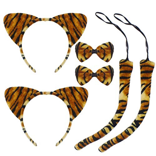 Halloween Cat Ears Headband Kitty Bow Tie Tail Women Girls Cute Hair Hoops Party Decoration Cosplay Costume Handmade Cat Headpiece Kitten Hair Band Accessories Set 2 Pack Tiger