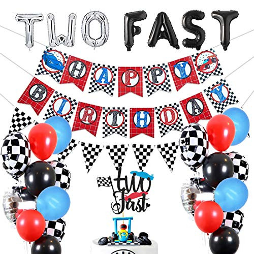 HEETON Two Fast Birthday Banner and Cake Topper Race Car Racing Second Boy Girl Chequered Flag Birthday Balloons Party Supplies Decorations
