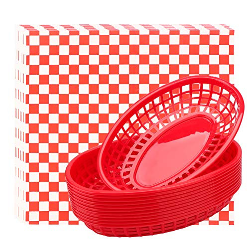 Fast Food Baskets   Deli Paper Liners  Eusoar 12 pcs Bread Baskets plus 100pcs Deli Paper  Restaurant Food Serving Tray Basket Sets for Restaurant Supplies  Deli Serving  Chicken  Burgers Fries