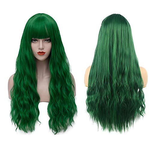 Womens Long Curly Wavy Green Wigs with Bangs Halloween Cosplay Costume Full Wigs Synthetic Fiber Replacement Heat Resistant Party Hair Wigs with Wig Cap