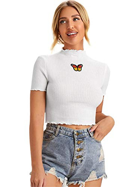 SOLY HUX Women s Mock Neck Lettuce Trim Butterfly Tee Short Sleeve Ribbed Knit Crop Top White M SOLY HUX Women s Mock Neck Lettuce Trim Butterfly Tee Short Sleeve Ribbed Knit Crop Top White M