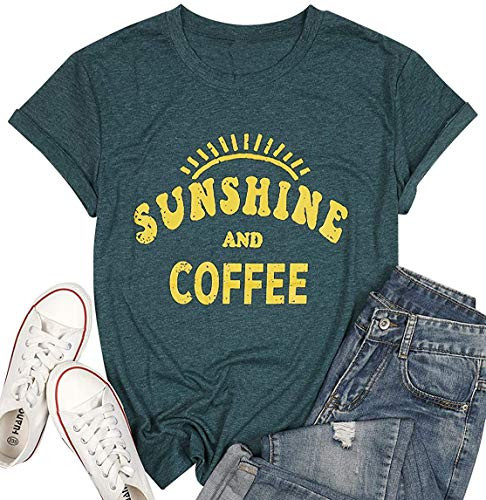 Sunshine Tshirts Funny Summer Graphic Tee Shirts for Women Letter Print Funny Coffee Tee Shirts Tops  L  Green