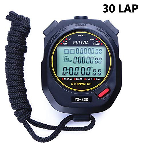 PULIVIA Stopwatch 30 Lap Split Memory Digital Sports Stopwatch Countdown Timer 12 24 Hour Clock Alarm Calendar with Pace Mode 3 Rows Display Large Screen Water Resistant Battery Included for Sports