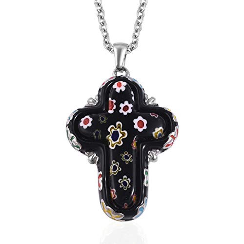 Shop LC Delivering Joy Cross Chain Pendant Necklace Stainless Steel Murano Millefiori Glass Fashion Jewelry for Women Size 20