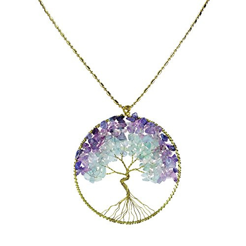 AeraVida Purple Fluorite Green Quartz Stone Eternal Tree of Life Brass Necklace AeraVida Purple Fluorite Green Quartz Stone Eternal Tree of Life Brass Necklace