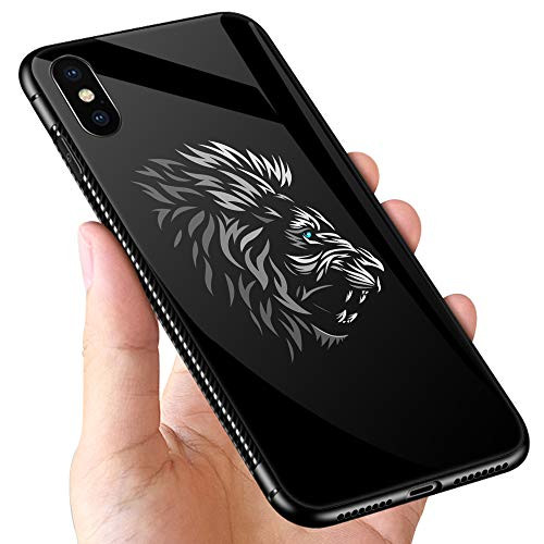 iPhone XR Case,9H Tempered Glass iPhone XR Cases for Men Boys,Cool Tribal Profile Lion Pattern Design Printing Shockproof Anti-Scratch Case for Apple iPhone XR 6.1 inch Tribal Lion