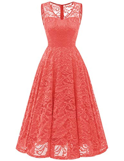 Bridesmaid Scoop Floral Lace Dress Cocktail Formal Party Dress Midi Coral M Bridesmaid Scoop Floral Lace Dress Cocktail Formal Party Dress Midi Coral M