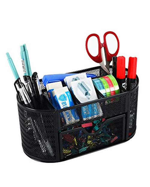 EasyPAG Mesh Desk Organizer 9 Compartment Pencil Holder Accessories Storage with Drawer for Paper and Office Supplies  Black