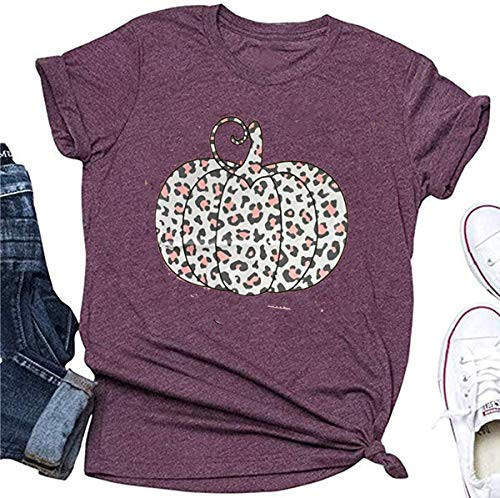 Woffccrd Womens Funny Leopard Pumpkin Printed Shirts Halloween Short Sleeve Graphic Tees Fall T Shirts Tops  L  Purple