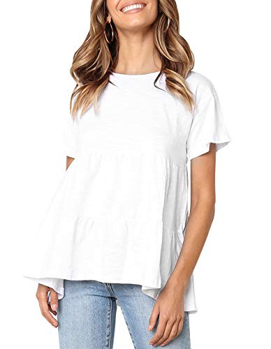 Kimiee Women s Short Sleeve Flounce Blouse Loose Solid Ruffle High Low Hem Tunic Top Casual Round Neck T Shirt  White  M
