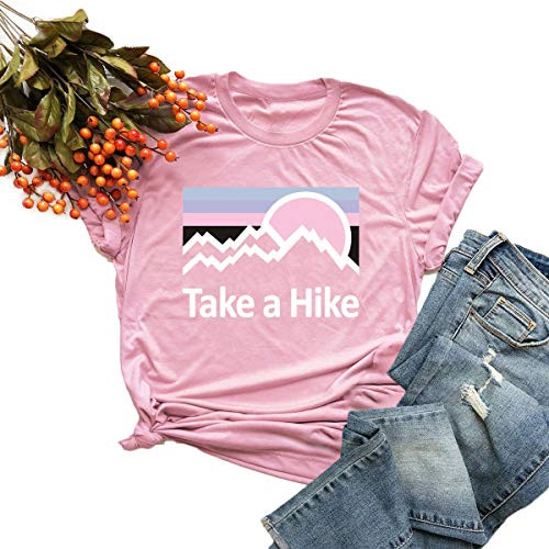 Women Take a Hike T Shirt Summer Short Sleeve Crew Neck Graphic Tees Tops Letter Printed Loose Casual Shirts Pink