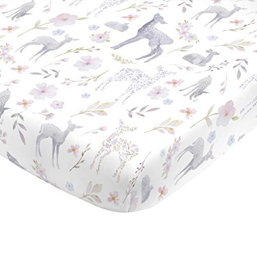 NoJo Super Soft Floral Deer Nursery Crib Fitted Sheet, Grey, Light Blue, Pink, White NoJo Super Soft Floral Deer Nursery Crib Fitted Sheet, Grey, Light Blue, Pink, White
