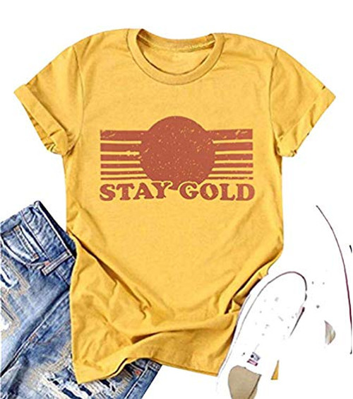 Women Stay Gold Ponyboy T Shirt Short Sleeve Vintage Graphic Tee Top Funny Saying  XL  Yellow
