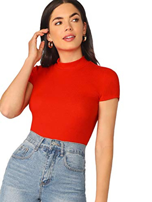 SOLY HUX Women s Mock Neck Short Sleeve Tee Ribbed Knit Crop Top T Shirt Red S