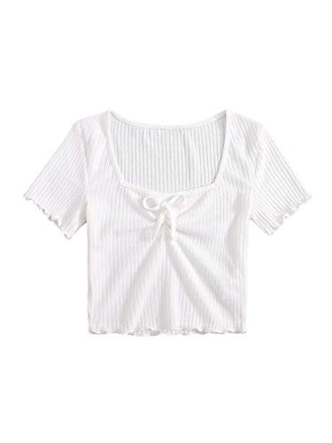 SOLY HUX Women s Lettuce Trim Short Sleeve Tie Front Tee Ribbed Knit Crop Top White S