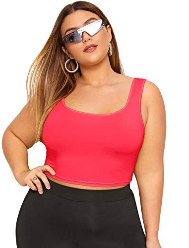 Romwe Women s Plus Size Casual Neon Color Sleeveless Scoop Neck Crop Tank Tops Pink neon 3X