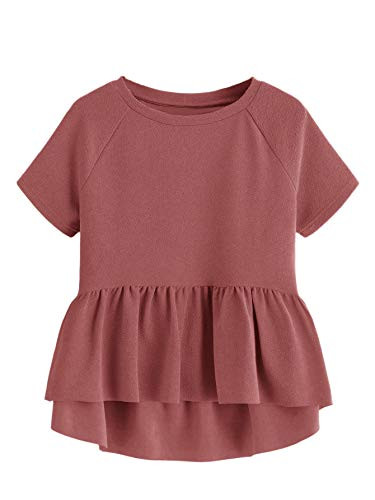 SheIn Women s Cute Short Sleeve Ruffle High Low Hem Smock Peplum Blouse Top Light Red Medium