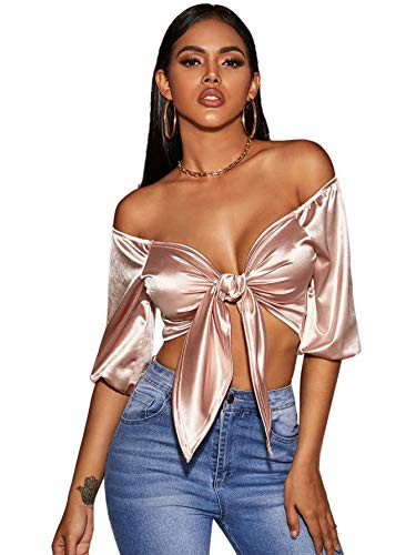 SheIn Women s Satin Off Shoulder Short Bishop Sleeve Blouse Knot Front Crop Top X Small Pink