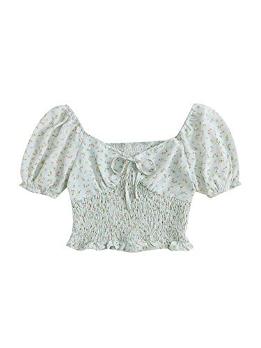 SheIn Women s Floral Shirred Crop Top Short Sleeve V Neck Knot Front Blouse Tube Top Blue Large