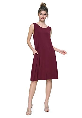 Weintee Women s Knit Casual Dress Swing Summer Dress with Pockets XL Wine Red