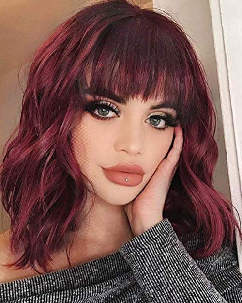 ATOZWIG Wine Red Wig with Bangs Short Wavy Hair Wig Natural Body Wave Hair Bob Wigs Natural Looking Synthetic Curly Bob Wigs Shoulder length for Women