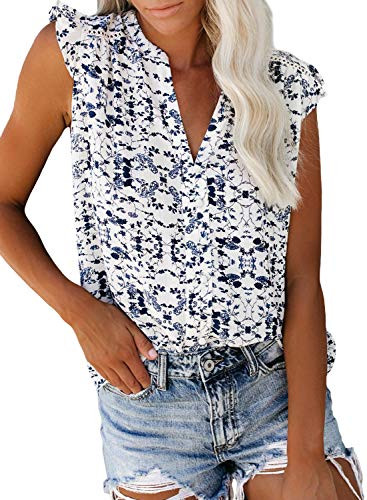 Eytino Women Casual Ruffle Sleeveless V Neck Boho Floral Printed Tank Tops Summer Blouse Shirts Small White