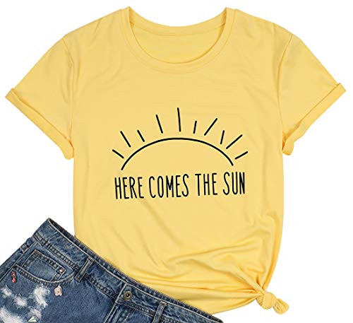 Here Comes The Sun T Shirt Summer Beach Tee Sunshine Graphic Print Vacation Shirt Top for Women Size XL Yellow