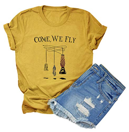 HDLTE Tonight We Fly Halloween T Shirt Women Letters Printed Hocus Pocus Funny Graphic Short Sleeve Tee Top  Yellow L