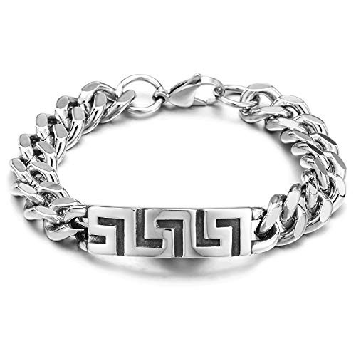 Exquisite Mens Stainless Steel Curb Chain Bracelet with Greek Key Pattern ID Identification
