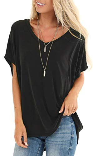 Womens Summer Tops Casual Short Sleeve Blouses Cotton Shirts Vneck Black L
