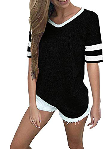 MISSLOOK Women s Color Block Shirts Baseball Tees Short Sleeve Striped Tunics Blouses Tops   Black 2 M