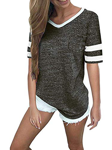 MISSLOOK Women s Color Block Shirts Baseball Tees Short Sleeve Striped Tunics Blouses Tops   Deep Gray 2 L