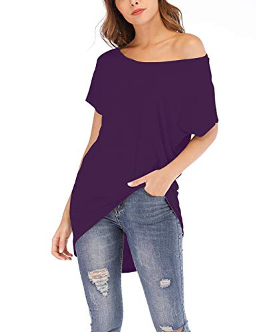 Womens Off Shoulder T Shirts Loose Casual Batwing Short Sleeve Oversize Blouse Tops Purple 2XL Womens Off Shoulder T Shirts Loose Casual Batwing Short Sleeve Oversize Blouse Tops Purple 2XL